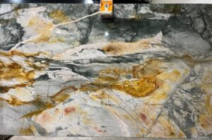 A quartzite slab in storage area